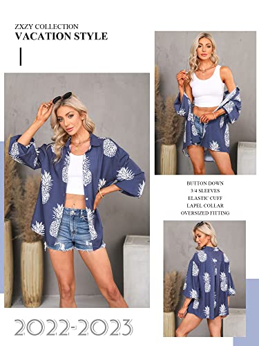ZXZY Women Pineapple Printed Lapel Collar Half Sleeves Buttons Down Blouse Shirt (Blue, X-Large) - Image 5
