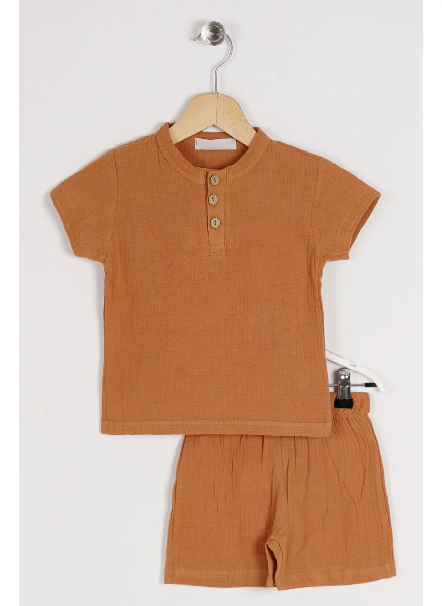 Zepkids Boy Light Brown Colored Bike Collar Button Detailed Short Sleeve Shorts Set