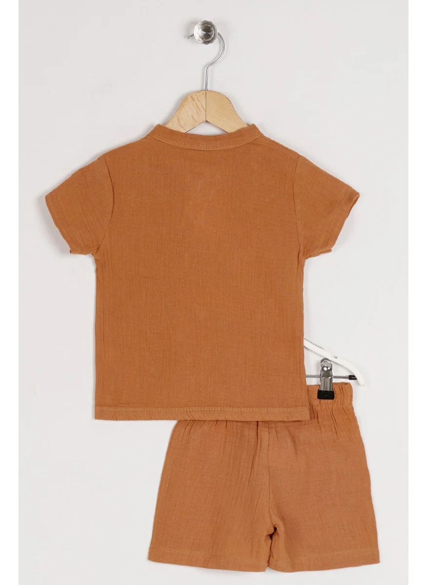 Zepkids Boy Light Brown Colored Bike Collar Button Detailed Short Sleeve Shorts Set