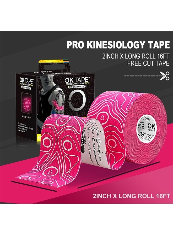 OK TAPE شريط كينيسيو لاصق قطن أصلي مرن - 2 بوصة × شرائط طويلة - خالي من اللاتكس، قابل للتنفس، احترافي للعلاج الطبيعي للرياضيين (وردي + أبيض) - Image 2