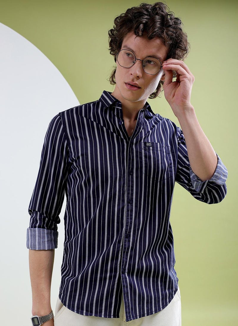 The Indian Garage Co Men Slim Fit Multi Striped Full Sleeves Cutaway Collar Casual Shirt - Image 1