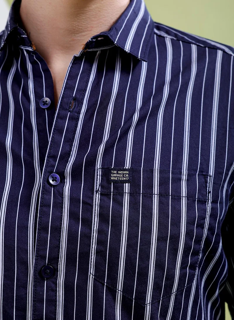 The Indian Garage Co Men Slim Fit Multi Striped Full Sleeves Cutaway Collar Casual Shirt