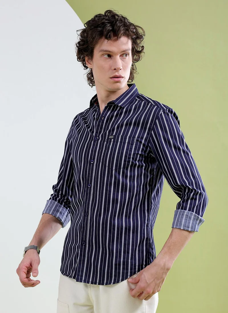 The Indian Garage Co Men Slim Fit Multi Striped Full Sleeves Cutaway Collar Casual Shirt