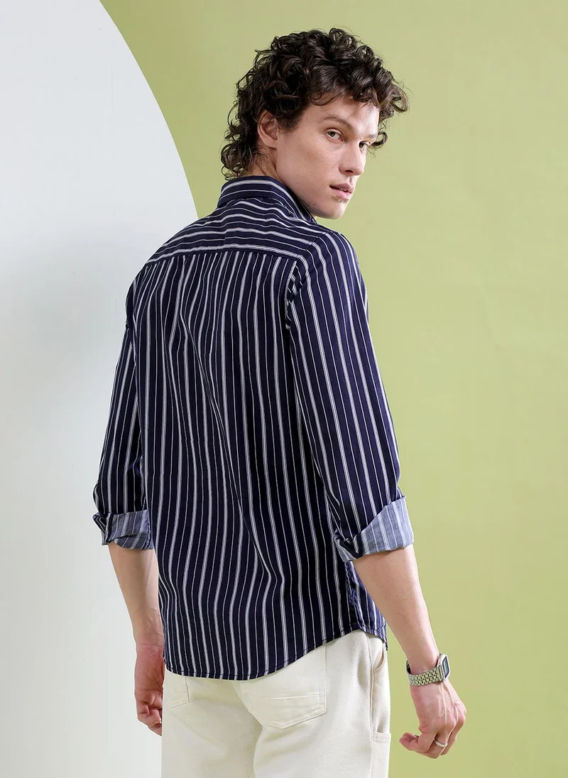 The Indian Garage Co Men Slim Fit Multi Striped Full Sleeves Cutaway Collar Casual Shirt