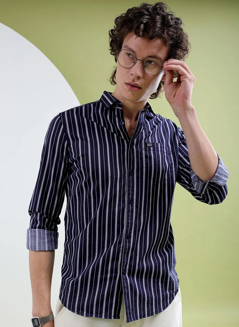 The Indian Garage Co Men Slim Fit Multi Striped Full Sleeves Cutaway Collar Casual Shirt