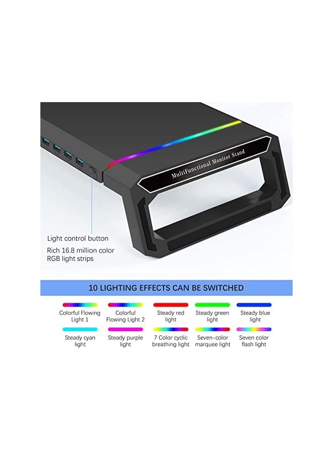 Zaboon - Hawk RGB Monitor Stand, Foldable Laptop Holder with USB 3.0 Hub,Computer Screen Riser with Storage Drawer and Phone Holder for PC/Laptop/iMac Black - Image 1