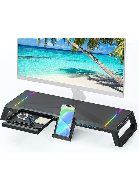 Hawk RGB Monitor Stand, Foldable Laptop Holder with USB 3.0 Hub,Computer Screen Riser with Storage Drawer and Phone Holder for PC/Laptop/iMac Black