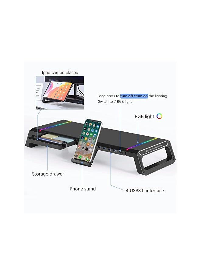 Zaboon - Hawk RGB Monitor Stand, Foldable Laptop Holder with USB 3.0 Hub,Computer Screen Riser with Storage Drawer and Phone Holder for PC/Laptop/iMac Black - Image 1