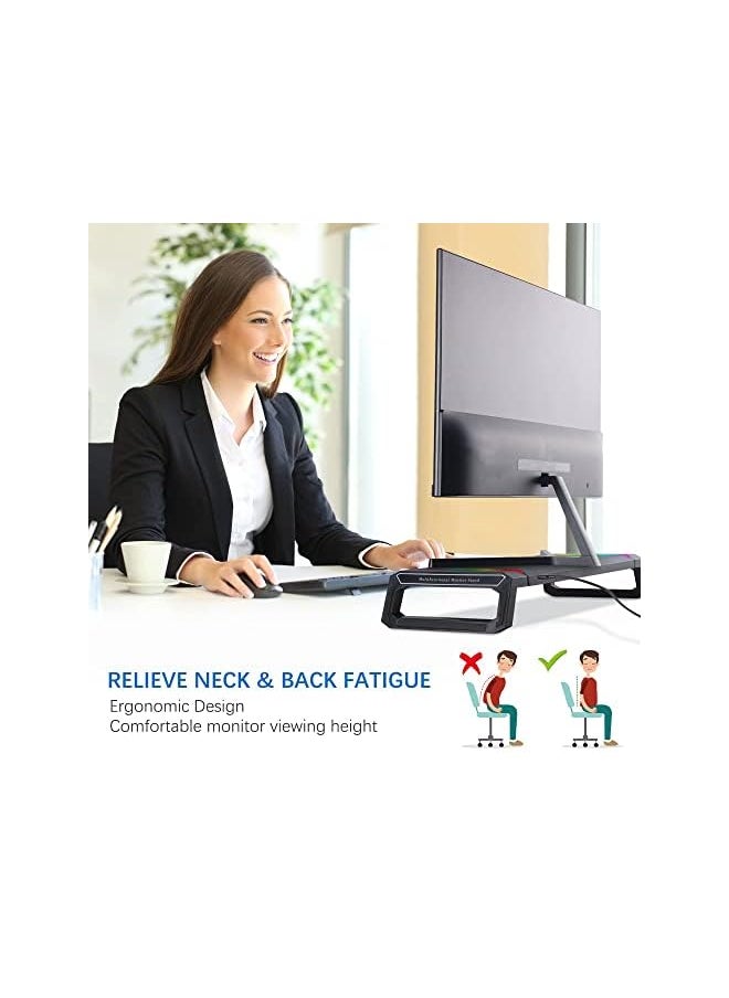 Zaboon - Hawk RGB Monitor Stand, Foldable Laptop Holder with USB 3.0 Hub,Computer Screen Riser with Storage Drawer and Phone Holder for PC/Laptop/iMac Black - Image 1
