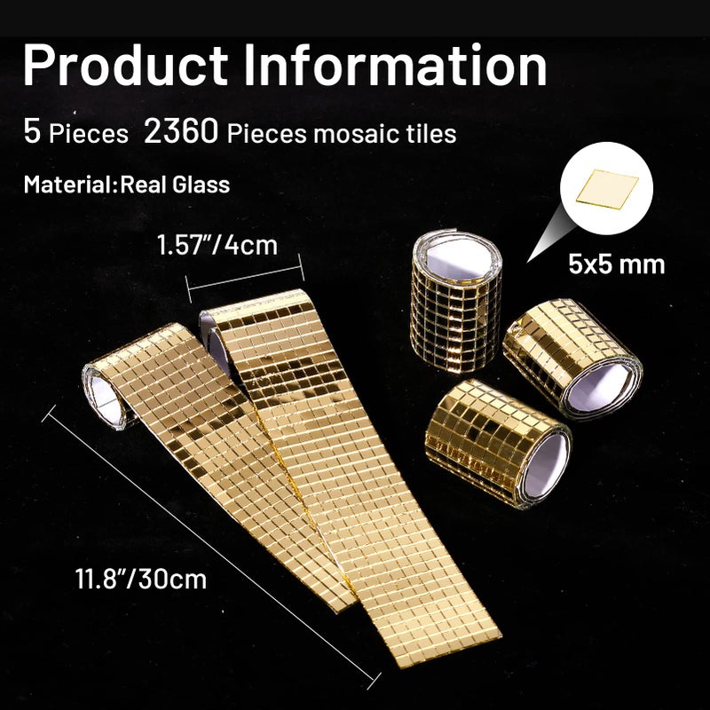 PP OPOUNT 2360 Pieces Self Adhesive Mosaic Tiles, Gold Disco Tiles, Square Glass Mosaic Mirror for Craft Decoration, DIY Disco Ball, Vase, Photo Frame (5 x 5 mm) - Image 3