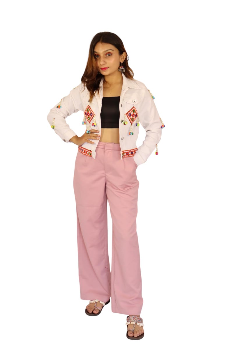 Prijam Women's Embroiderd Ethnic Shrug or Jacket and Special Embroidered Denim Koti/Jacket/Waist Coat for Women D1 WHITE - Image 1