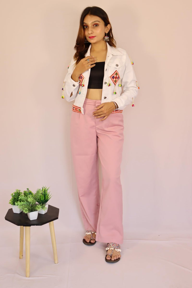 Prijam Women's Embroiderd Ethnic Shrug or Jacket and Special Embroidered Denim Koti/Jacket/Waist Coat for Women D1 WHITE - Image 4