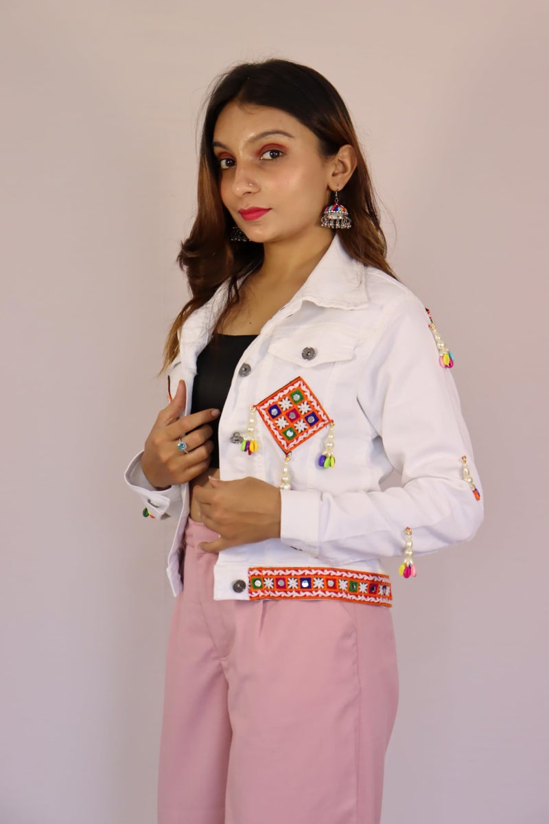 Prijam Women's Embroiderd Ethnic Shrug or Jacket and Special Embroidered Denim Koti/Jacket/Waist Coat for Women D1 WHITE - Image 3