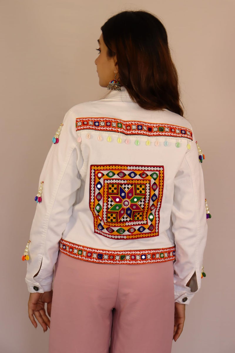 Prijam Women's Embroiderd Ethnic Shrug or Jacket and Special Embroidered Denim Koti/Jacket/Waist Coat for Women D1 WHITE - Image 2