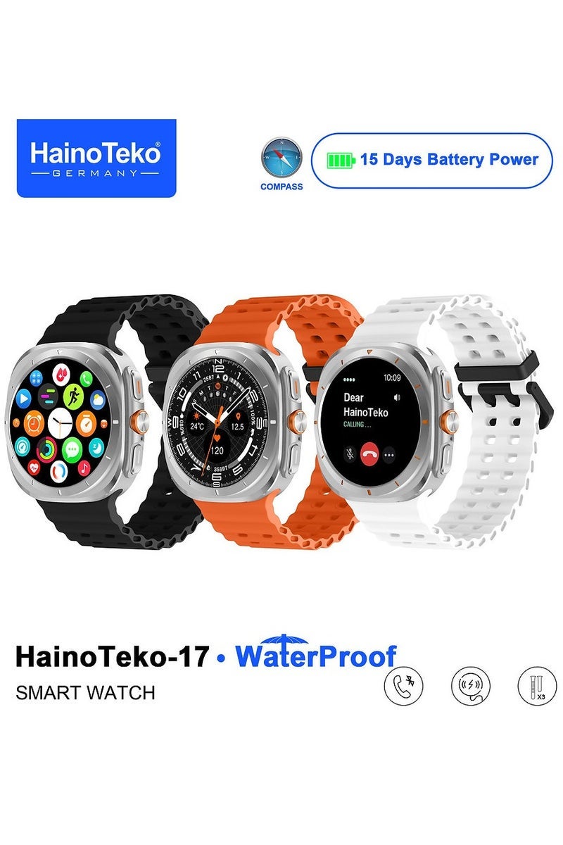 Haino Teko HainoTeko-17 Waterproof Smartwatch with Vibrant AMOLED Display – Includes 3 Pairs of Interchangeable Straps for Versatile Style – Built-in Compass and GPS Support for Outdoor Adventures – Durable Silver Design Suitable for Ladies and Gents – Fitness & Smart Notifications - Image 1