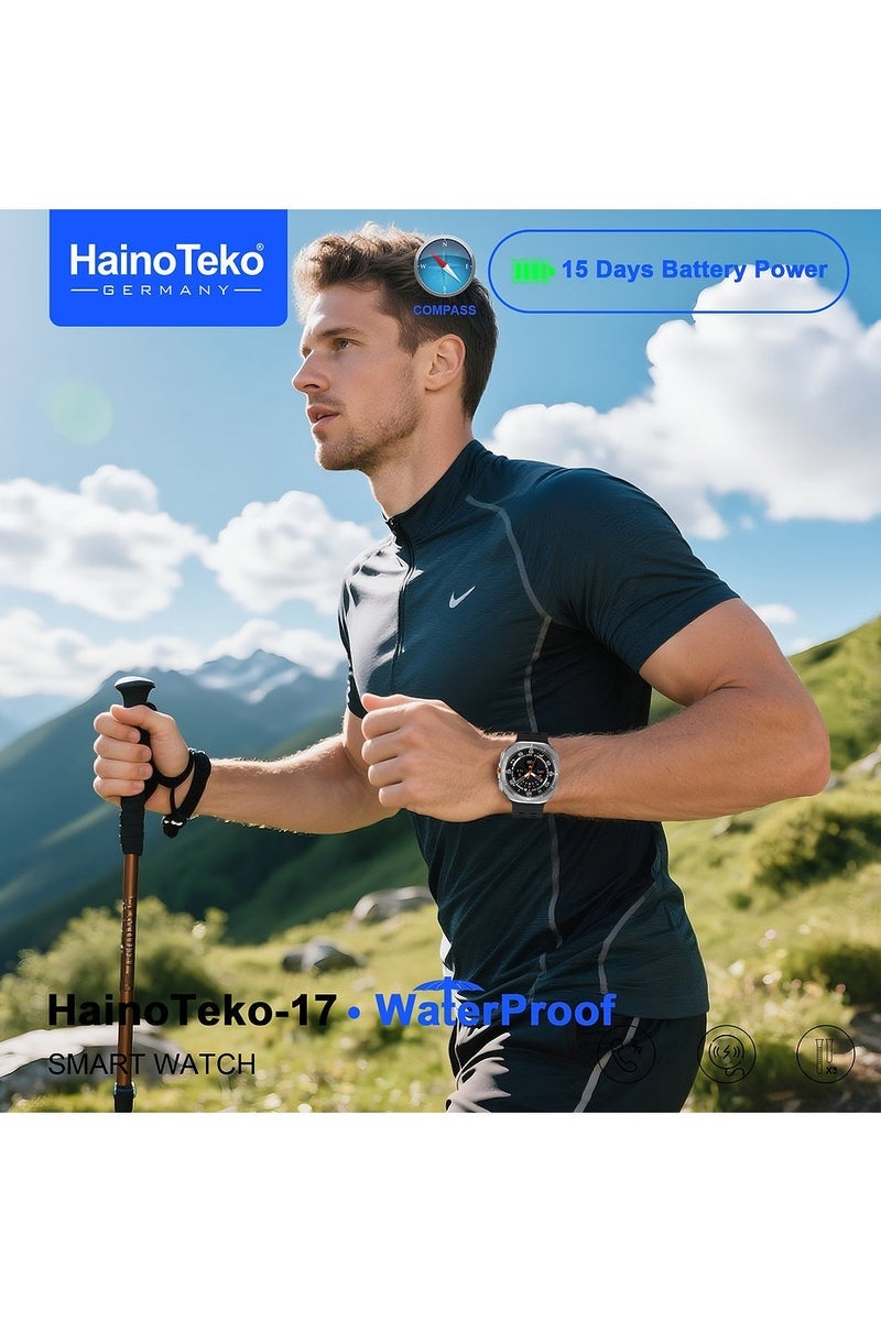 Haino Teko HainoTeko-17 Waterproof Smartwatch with Vibrant AMOLED Display – Includes 3 Pairs of Interchangeable Straps for Versatile Style – Built-in Compass and GPS Support for Outdoor Adventures – Durable Silver Design Suitable for Ladies and Gents – Fitness & Smart Notifications - Image 3
