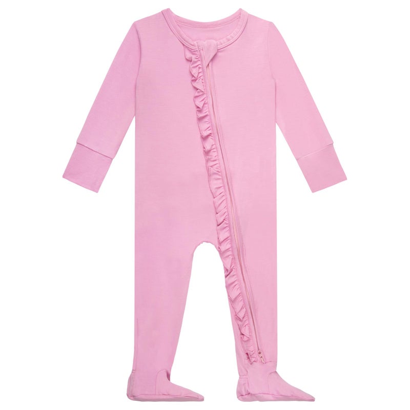 GUISBY Lightweight Long Sleeve Pajamas Baby, Ruffle Footie with Zipper Pink 0-3 Months - Image 1