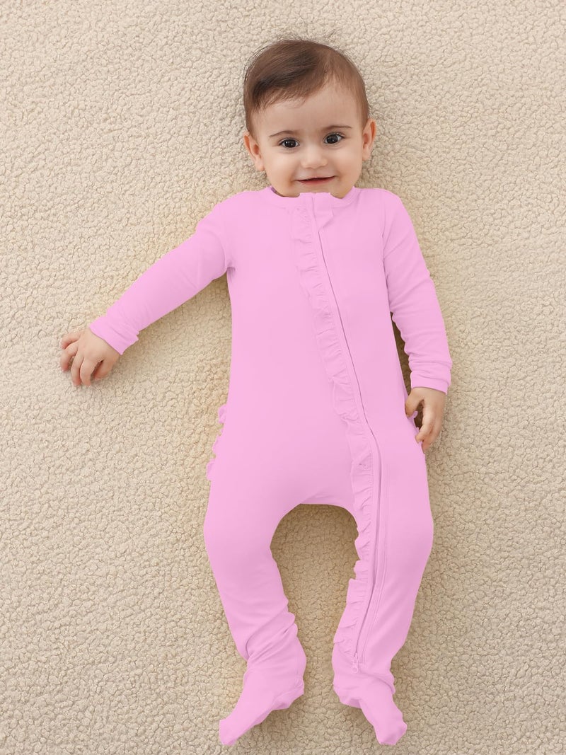 GUISBY Lightweight Long Sleeve Pajamas Baby, Ruffle Footie with Zipper Pink 0-3 Months - Image 4