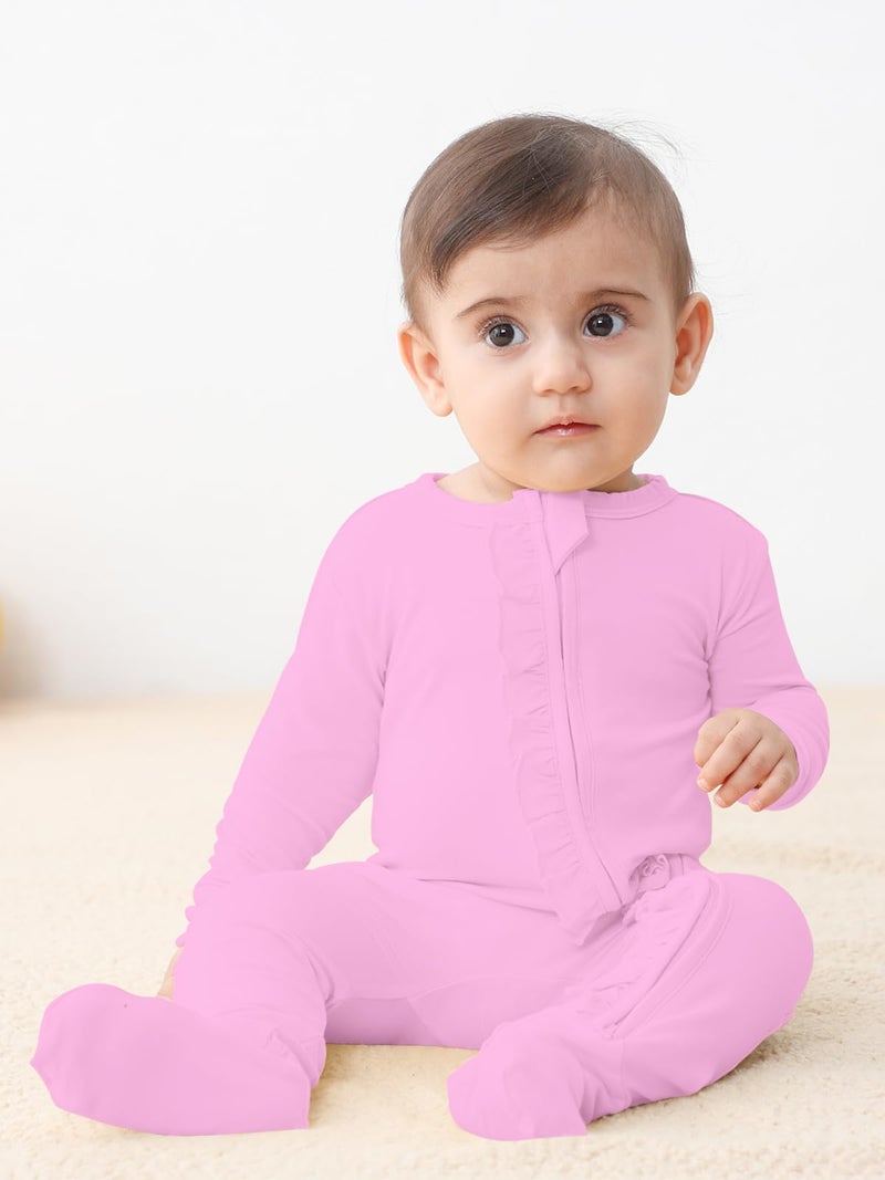 GUISBY Lightweight Long Sleeve Pajamas Baby, Ruffle Footie with Zipper Pink 0-3 Months - Image 5