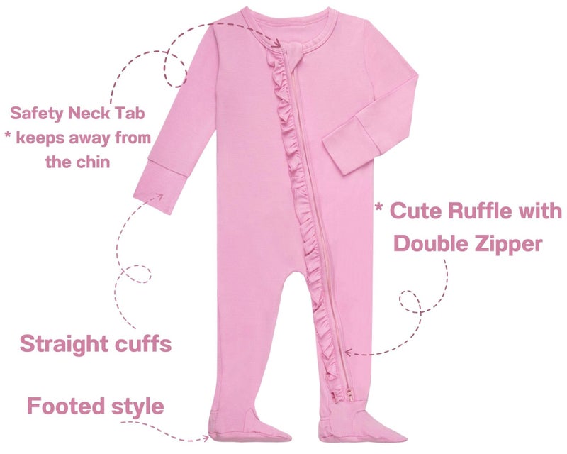 GUISBY Lightweight Long Sleeve Pajamas Baby, Ruffle Footie with Zipper Pink 0-3 Months - Image 3