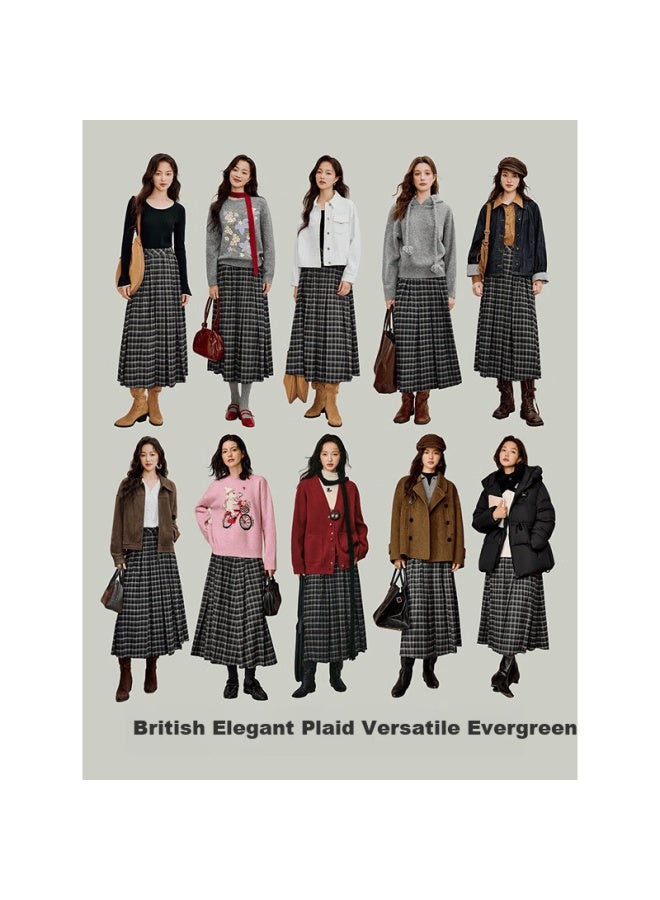 Inman Vintage Brushed Plaid Pleated Skirt Autumn Women's New High Waist A-line Skirt Gray Black Plaid XL - Image 2