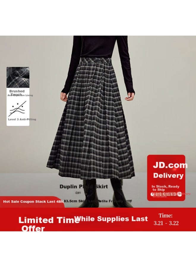 Inman Vintage Brushed Plaid Pleated Skirt Autumn Women's New High Waist A-line Skirt Gray Black Plaid XL - Image 1