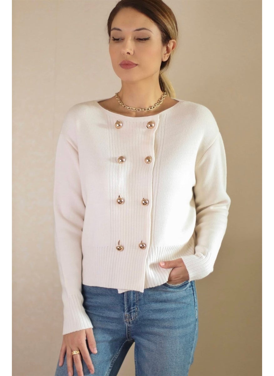 Ritnice - Women's Cream Metal Buttoned Navy Blue Knitwear Cardigan - Image 1