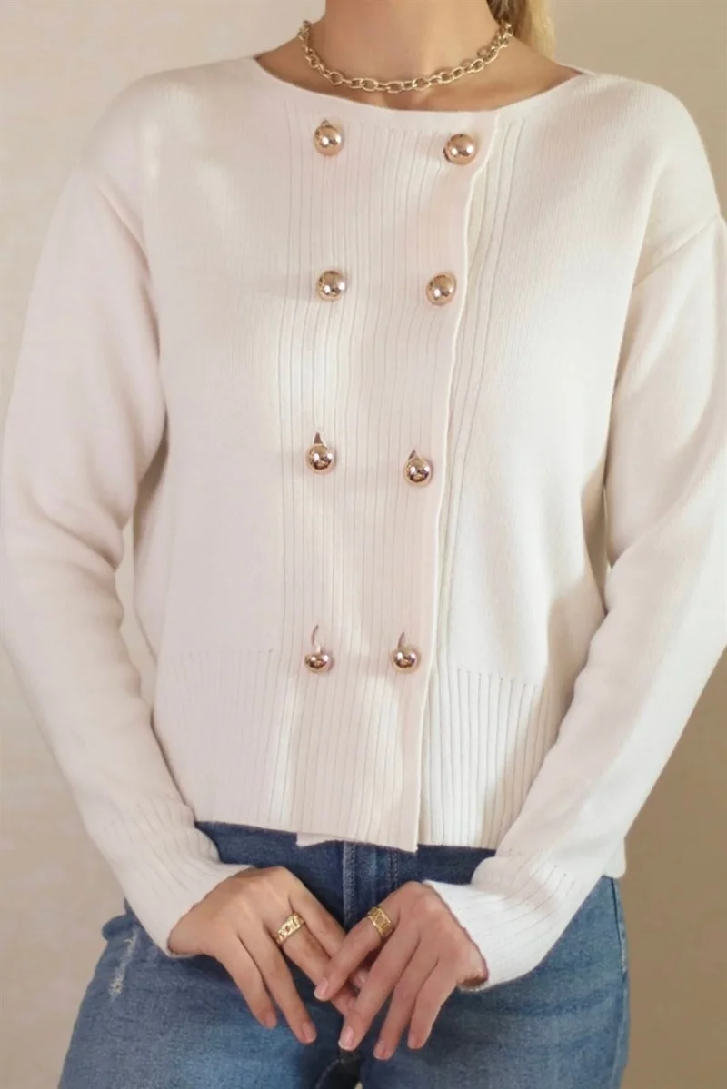Ritnice Women's Cream Metal Buttoned Navy Blue Knitwear Cardigan