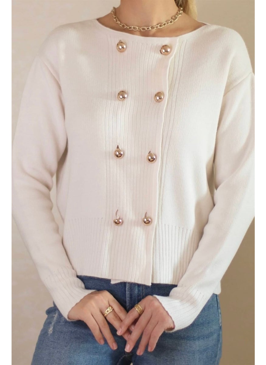 Ritnice - Women's Cream Metal Buttoned Navy Blue Knitwear Cardigan - Image 1