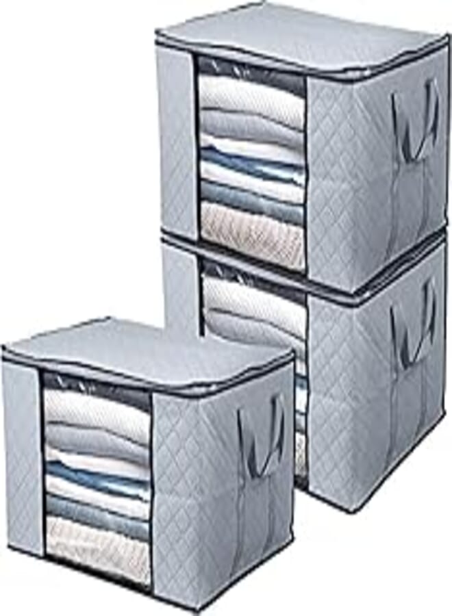 Clothes Storage Bags Solutions Organizer with Zips and Clear Window for Clothes, Comforters, Blankets, Bedding, 3 Pieces, 90L