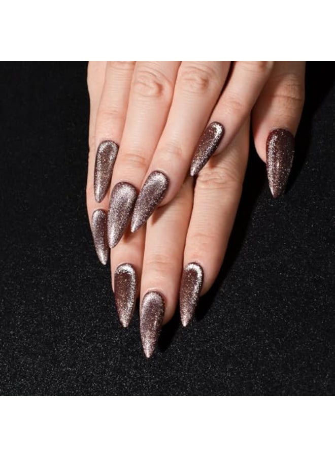 KKUUOO Stiletto Press on Nails Long Handmade Fake Nails With Glitter Brown Acrylic Full Cover Glossy Artificial Jelly Stick on Nails for Women Girls 24Pcs - Image 1