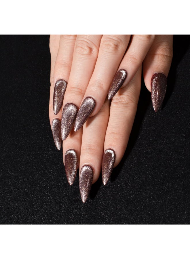 KKUUOO Stiletto Press on Nails Long Handmade Fake Nails With Glitter Brown Acrylic Full Cover Glossy Artificial Jelly Stick on Nails for Women Girls 24Pcs - Image 2