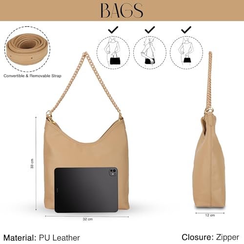 SIBY Large Capacity Tote Bag | Vintage Shoulder Purse with Acrylic Chains | PU Crossbody Clutch Bag - Khakhi - Image 2