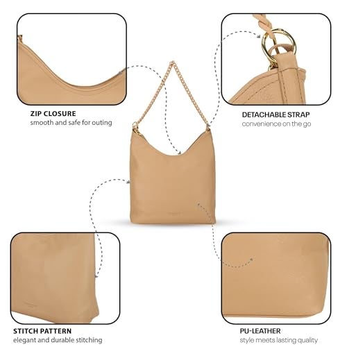 SIBY Large Capacity Tote Bag | Vintage Shoulder Purse with Acrylic Chains | PU Crossbody Clutch Bag - Khakhi - Image 4