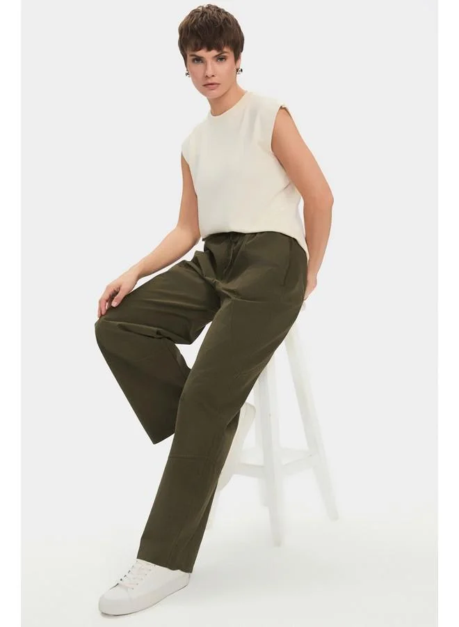 JUNE June Women 100% Cotton Elastic Waist Trouser Khaki