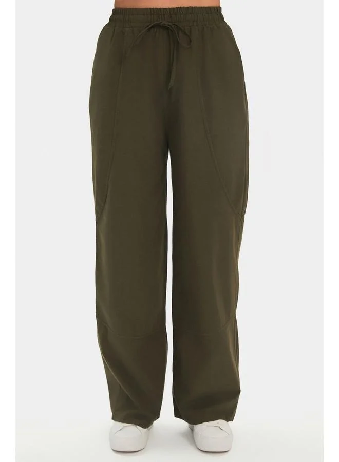 JUNE June Women 100% Cotton Elastic Waist Trouser Khaki