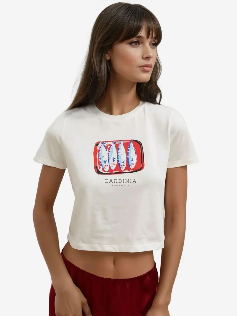 هيكاب تيشيرت قصير قطن % بقصة عادية ورقبة دائرية مطبوع