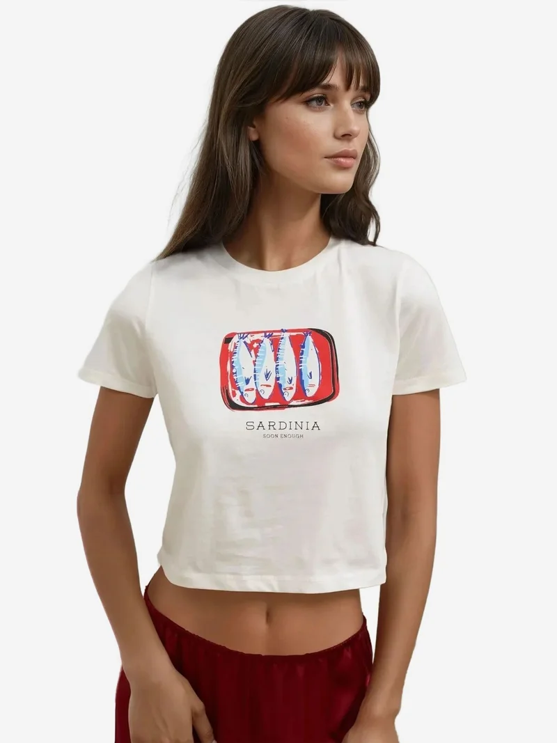 Hiccup Ice Blue Printed Regular Fit Crew Neck 100% Cotton Crop T-shirt for Women | Best Price UAE