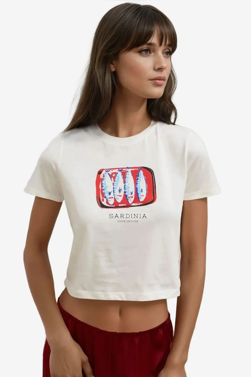 Hiccup Ice Blue Printed Regular Fit Crew Neck 100% Cotton Crop T-shirt for Women | Best Price UAE