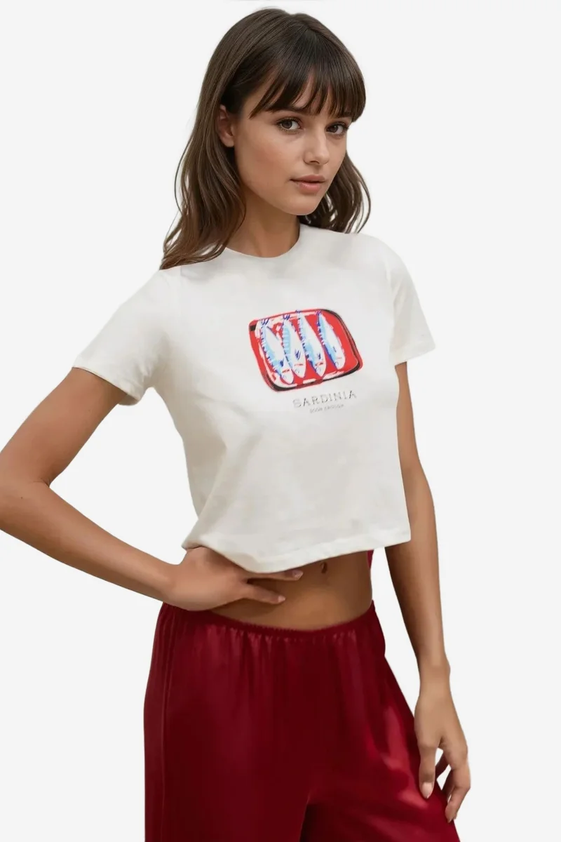 Hiccup Ice Blue Printed Regular Fit Crew Neck 100% Cotton Crop T-shirt for Women | Best Price UAE