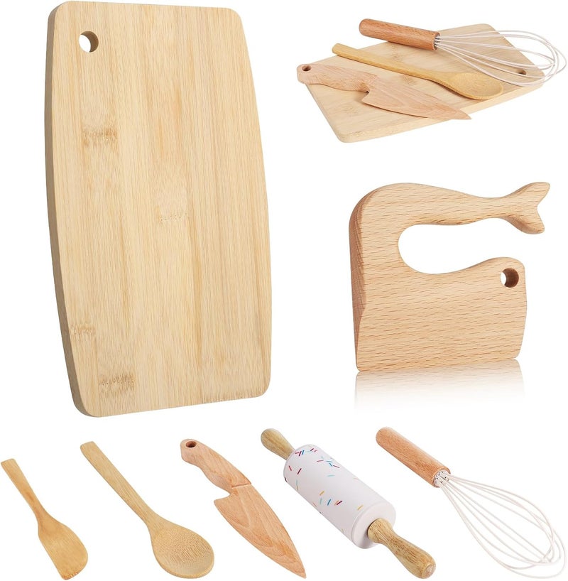 HEQU 7 Pieces Wooden Kids Knife Toddler Knife Set Toddler Cutting Board And Knife Set for Real Cooking Montessori Kitchen Tools for Toddlers for Cutting Veggies Fruits Salad Cake - Image 1
