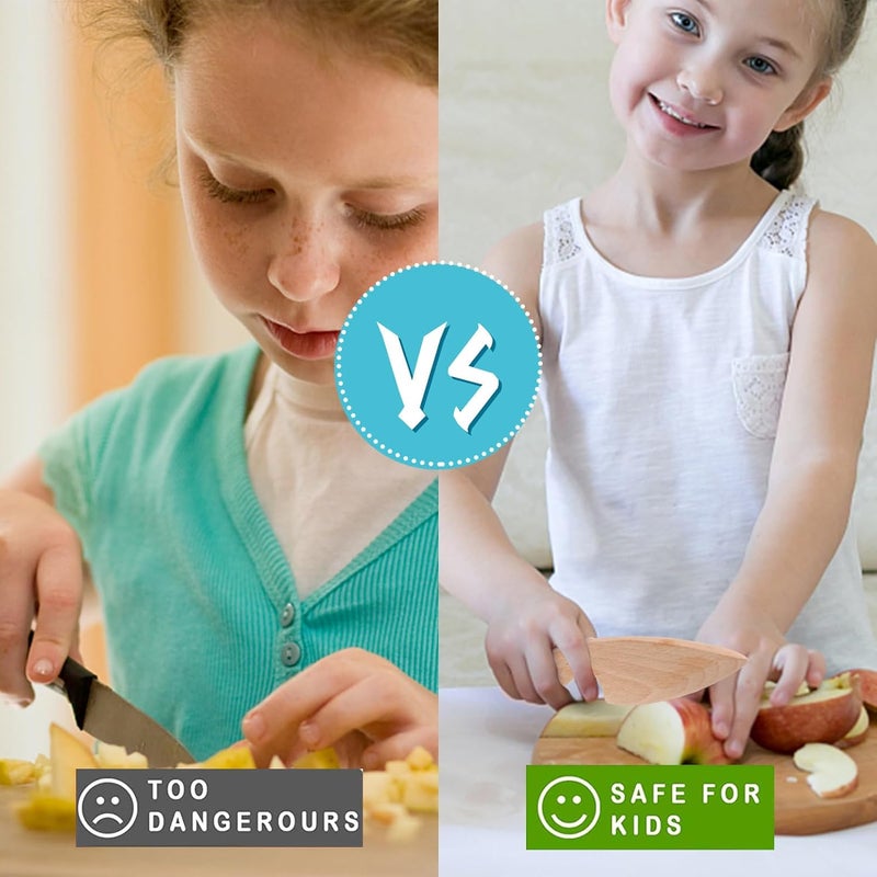 HEQU 7 Pieces Wooden Kids Knife Toddler Knife Set Toddler Cutting Board And Knife Set for Real Cooking Montessori Kitchen Tools for Toddlers for Cutting Veggies Fruits Salad Cake - Image 2