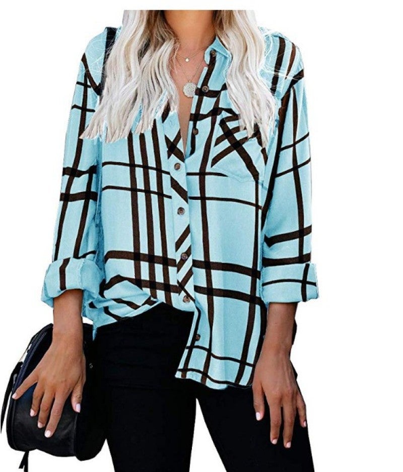 2019 new European and American lapel casual long-sleeved plaid print women's lining sky blue XXL - Image 1
