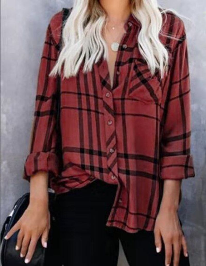 2019 new European and American lapel casual long-sleeved plaid print women's lining sky blue XXL - Image 2
