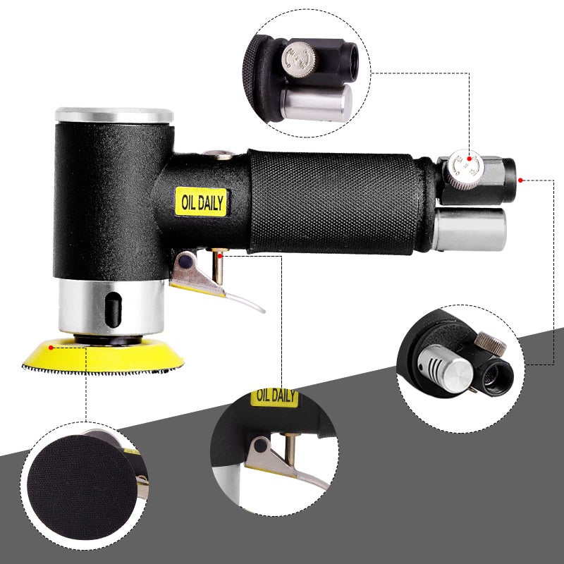 ROIKETU Mini Air Sander,Random Orbital Air Sander Kit,Mini Pneumatic Sander for auto sanding tools kits with 1/2/3inch Polishing Sponge & Wool Pads Sandpapers (1"2"3" Buffer&Sander Kit) - Image 3