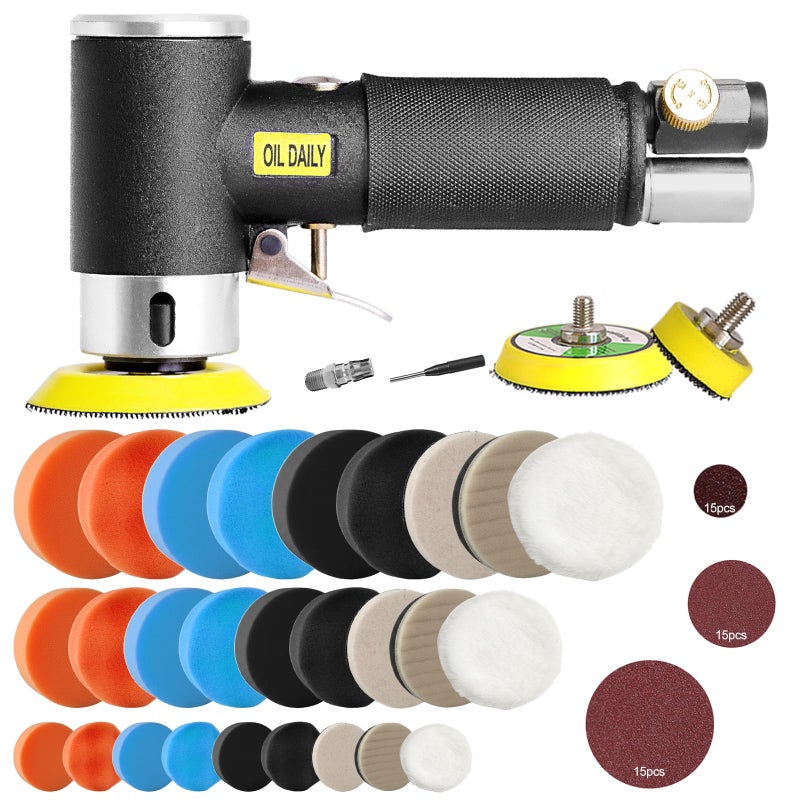 ROIKETU Mini Air Sander,Random Orbital Air Sander Kit,Mini Pneumatic Sander for auto sanding tools kits with 1/2/3inch Polishing Sponge & Wool Pads Sandpapers (1"2"3" Buffer&Sander Kit) - Image 1