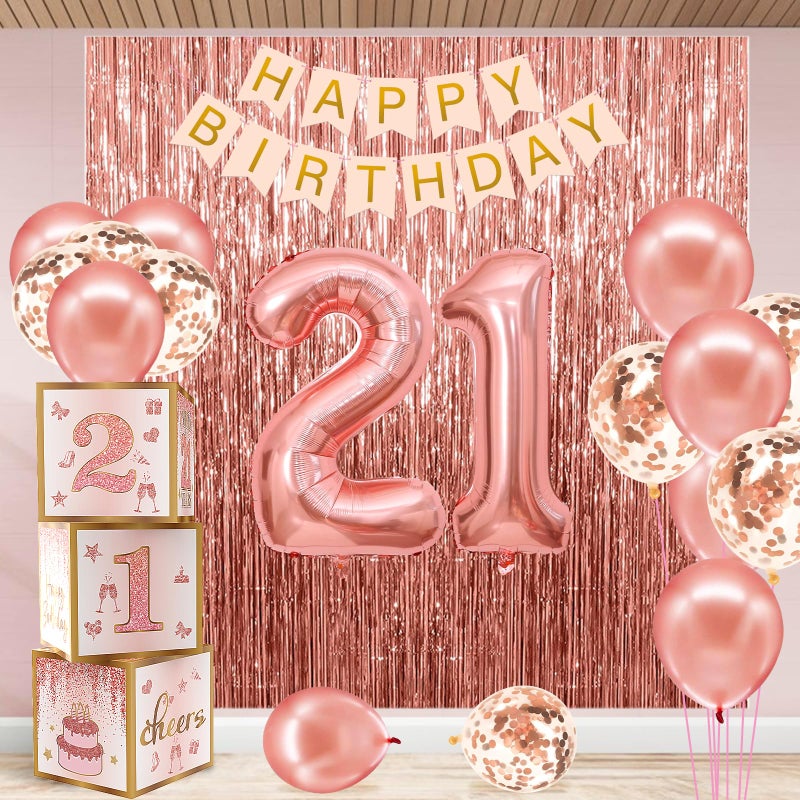 RTHPY 21st Birthday Decorations for HerHappy 21st Birthday Decorations for Women Rose Gold 21 Boxes Decor for Girls Pink Rose Gold Foil Number Balloons Party Supplies Tassel Curtain - Image 2