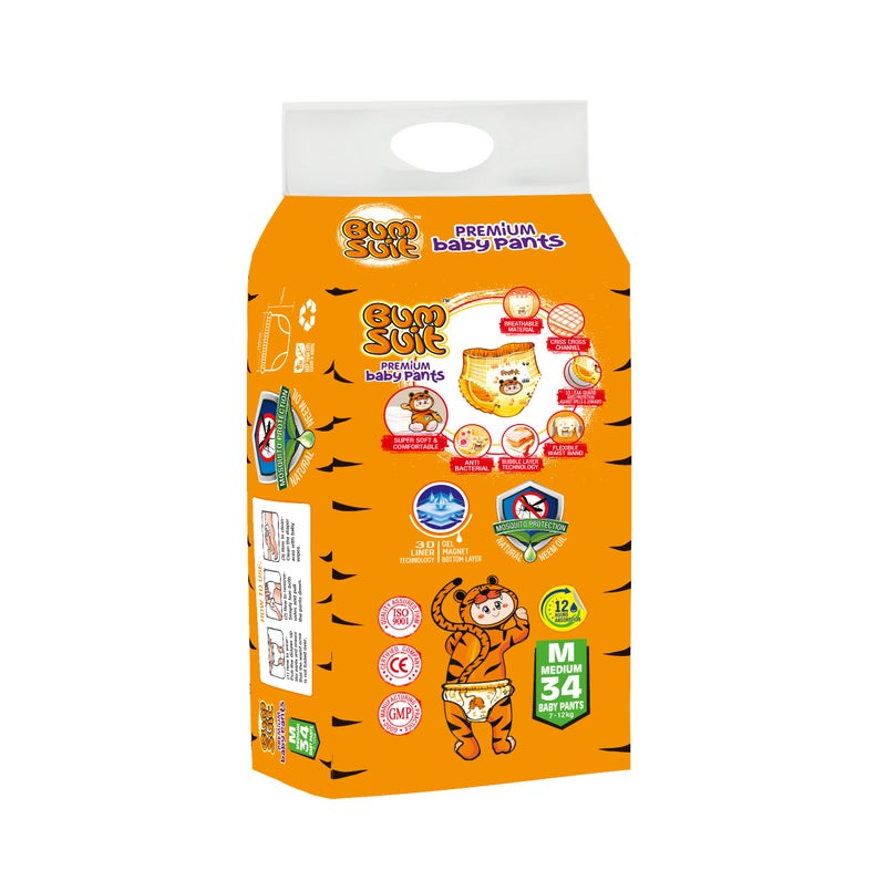 Bumsuit Premium Baby Pants Diapers Medium (7–12kg), 32 Count | India’s 1st Mosquito Protection | 12 Hr Absorption | Soft Cottony Breathable Fabric | 3D Liner Technology | Leak Guard & Rash-Free Comfort - Image 2