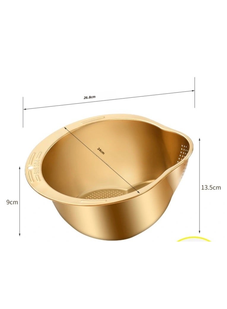 ZAYVA Washing Bowl with Strainer, Colander Strainer for Vegetables Fruits, Stainless Steel Side Drainers Versatile 4 in1 Colander, Suitable for Cleaning Fruits, Vegetables, and Beans (Gold) - Image 2