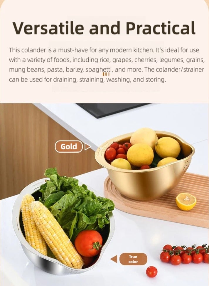 ZAYVA Washing Bowl with Strainer, Colander Strainer for Vegetables Fruits, Stainless Steel Side Drainers Versatile 4 in1 Colander, Suitable for Cleaning Fruits, Vegetables, and Beans (Gold) - Image 4